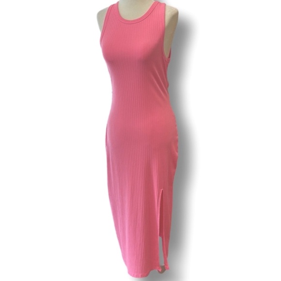 AERIE Backless Dress Neon Pink Rib Cotton Blend Scoop Neck MIDI Dress Slit NWT - Picture 4 of 7